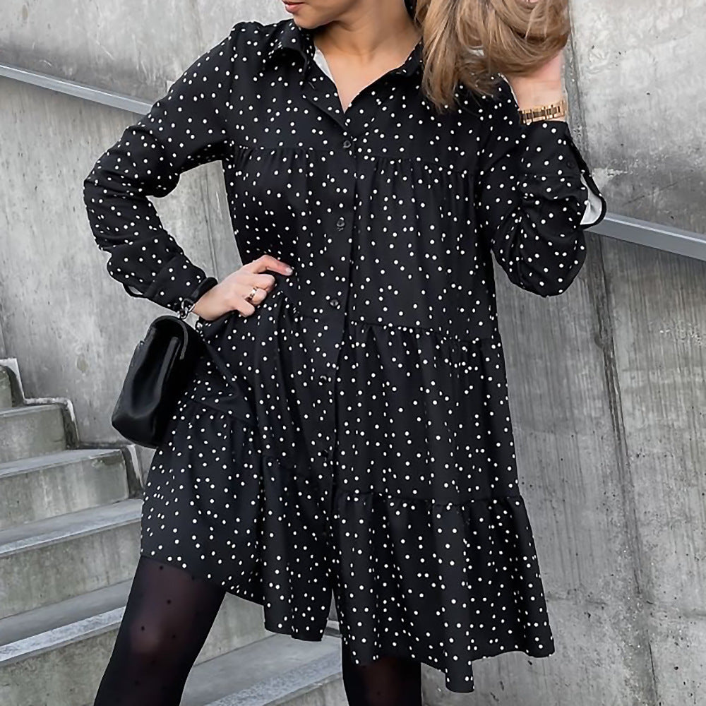 Long Sleeve Lapel Collar Casual Ladies Fashion Print T Shirt Dress Wholesale