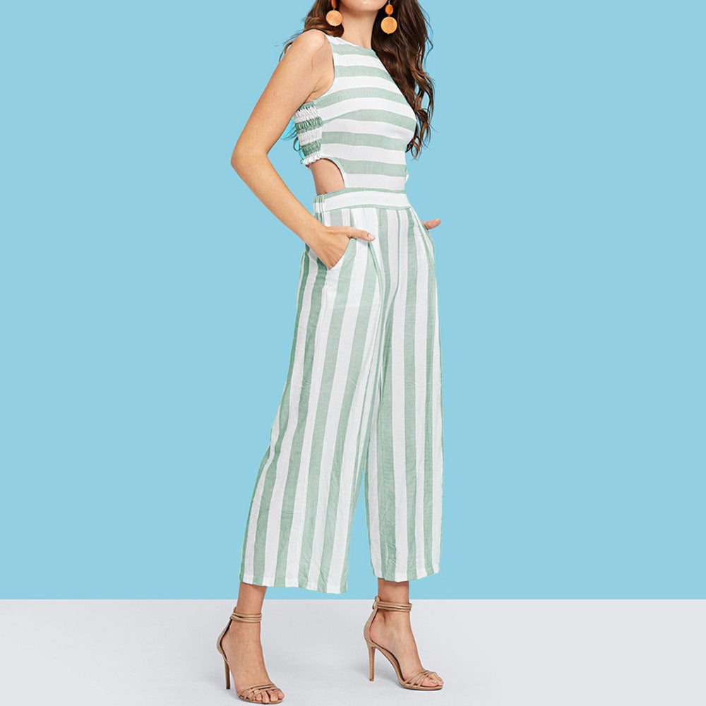 Women Fashion Sleeveless Striped Cut Out Wholesale Jumpsuits&Rompers With Pockets