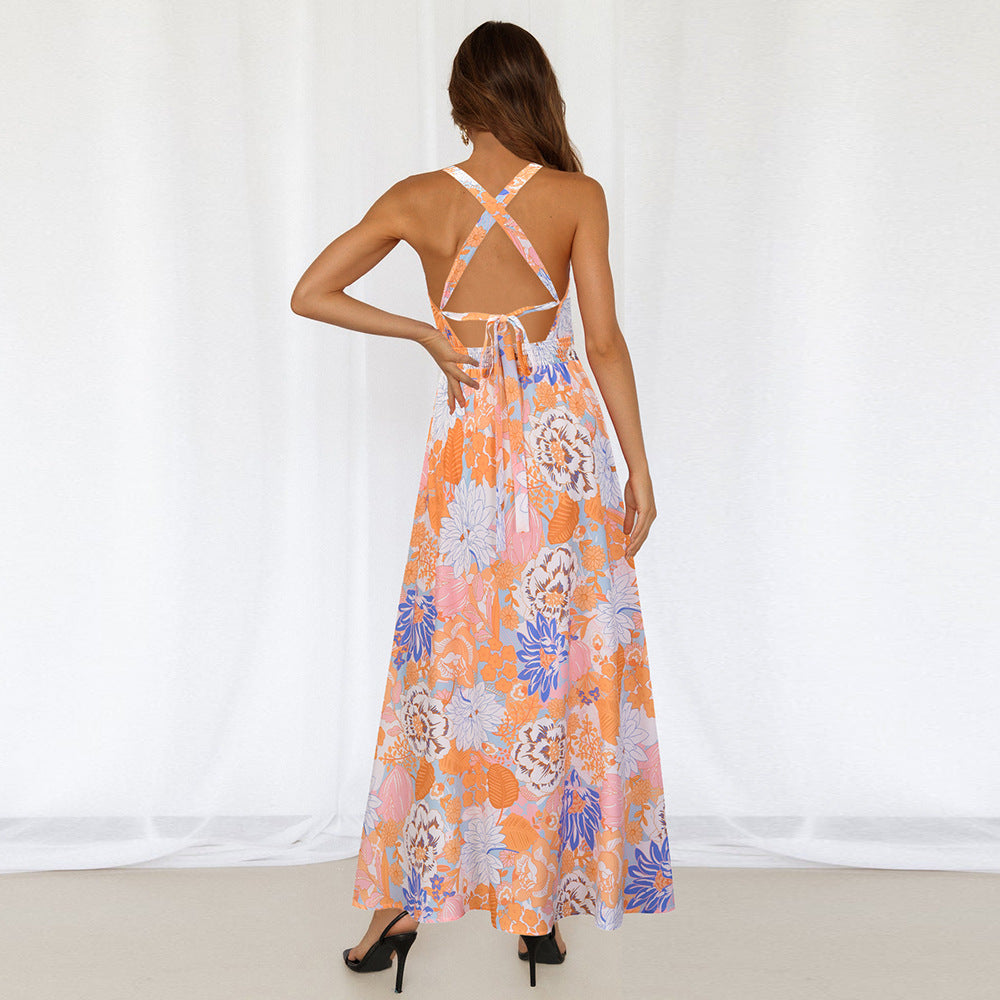 Floral Print Sleeveless High Split Wholesale Maxi Dresses Summer