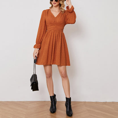 Solid Color V-Neck Long-Sleeve Jacquard Swing Dress Wholesale Dresses