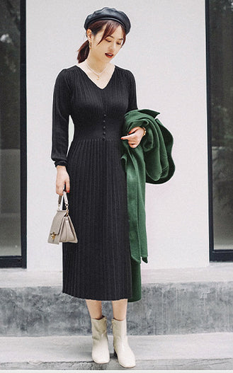 Solid Color V Neck Button Design Wholesale Jersey Dresses Mid Length Sweater Dress Elegant