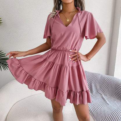 Lotus Leaf Lace-Up Solid Color Smocked Dress Wholesale Dresses