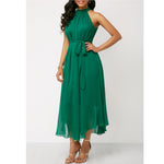 Solid Color Halterneck Lace-Up Off Shoulder Pleated Chiffon Business Casual Dress Elegant Wholesale Dresses SD531415