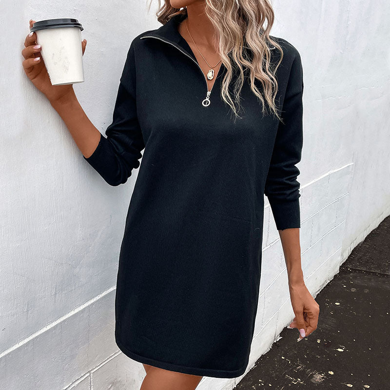 Long Sleeve Solid Color Lapel Zipper T-Shirt Knit Dress Wholesale Dresses