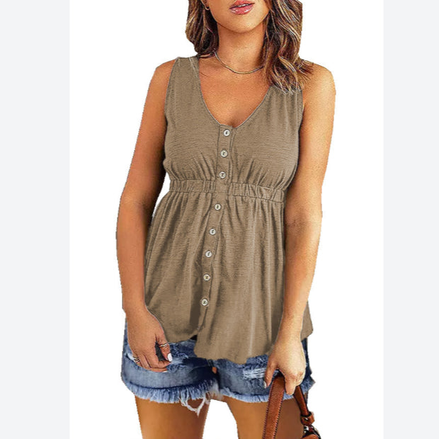 Plain Color Sleeveless V Neck Button Down Wholesale Flowy Tank Tops for Summer