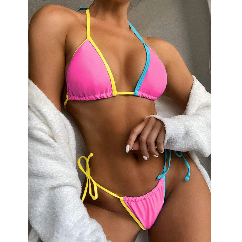 Sexy Colorblock Lace Up Mini Bikini Split Swimsuits 2pcs Sets Womens Swimwear Wholesale Vendors