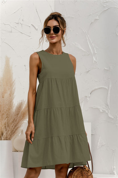 Solid Color Simple Round Neck Sleeveless Loose Swing Tank Dress Casual Wholesale Dresses