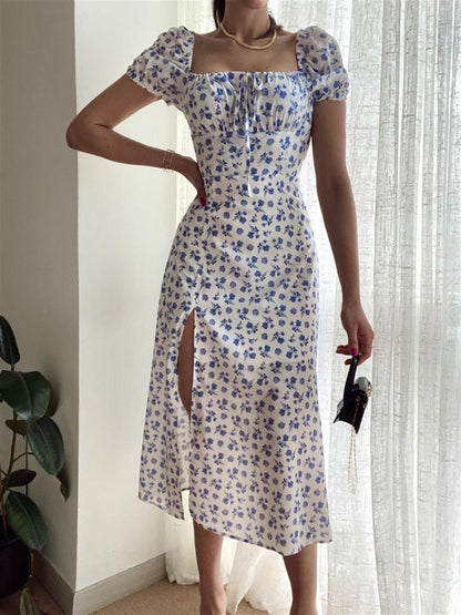 Sexy One Shoulder Short Sleeve Floral High Slit Dress Wholesale Dresses