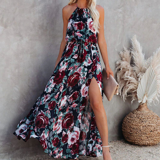 Chiffon Flower Print Halter Neck Swing Dress Wholesale Maxi Dresses