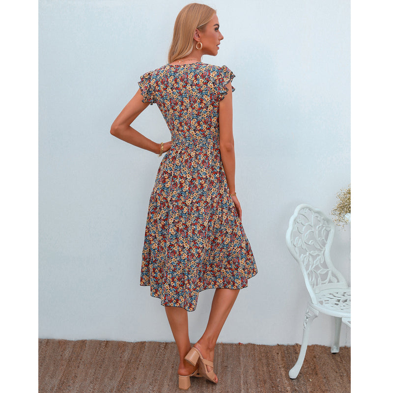 Floral Print V-Neck Frill Sleeve Midi Swing Dress Summer Casual Wholesale Dresses