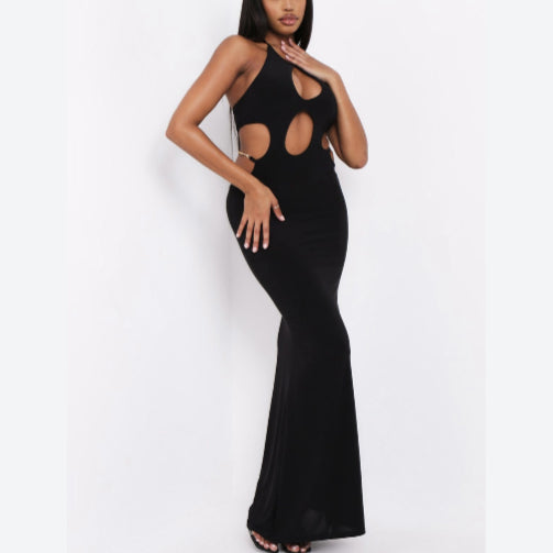 Sexy Hollow Halter Maxi Dress Backless Solid Color  Wholesale Dresses With Metal Waist Chain