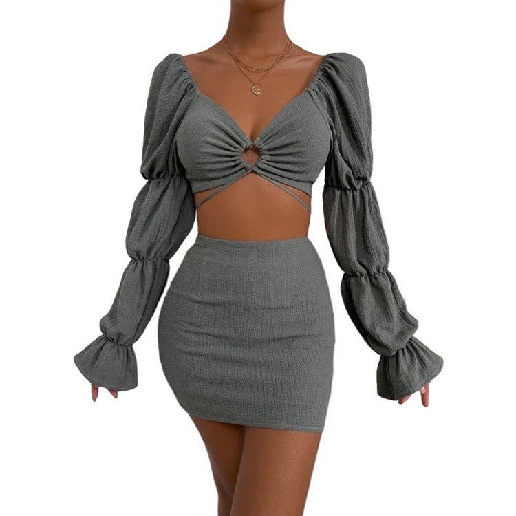Wholesale Womens 2 Piece Sets Sexy V-Neck Cutout Solid Color Cropped Tie Top & Bodycon Skirts