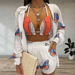Wrap Chest Bra & Shorts & Blouse 3pcs Sets Butterfly Print Wholesale Sexy Womens Clothing