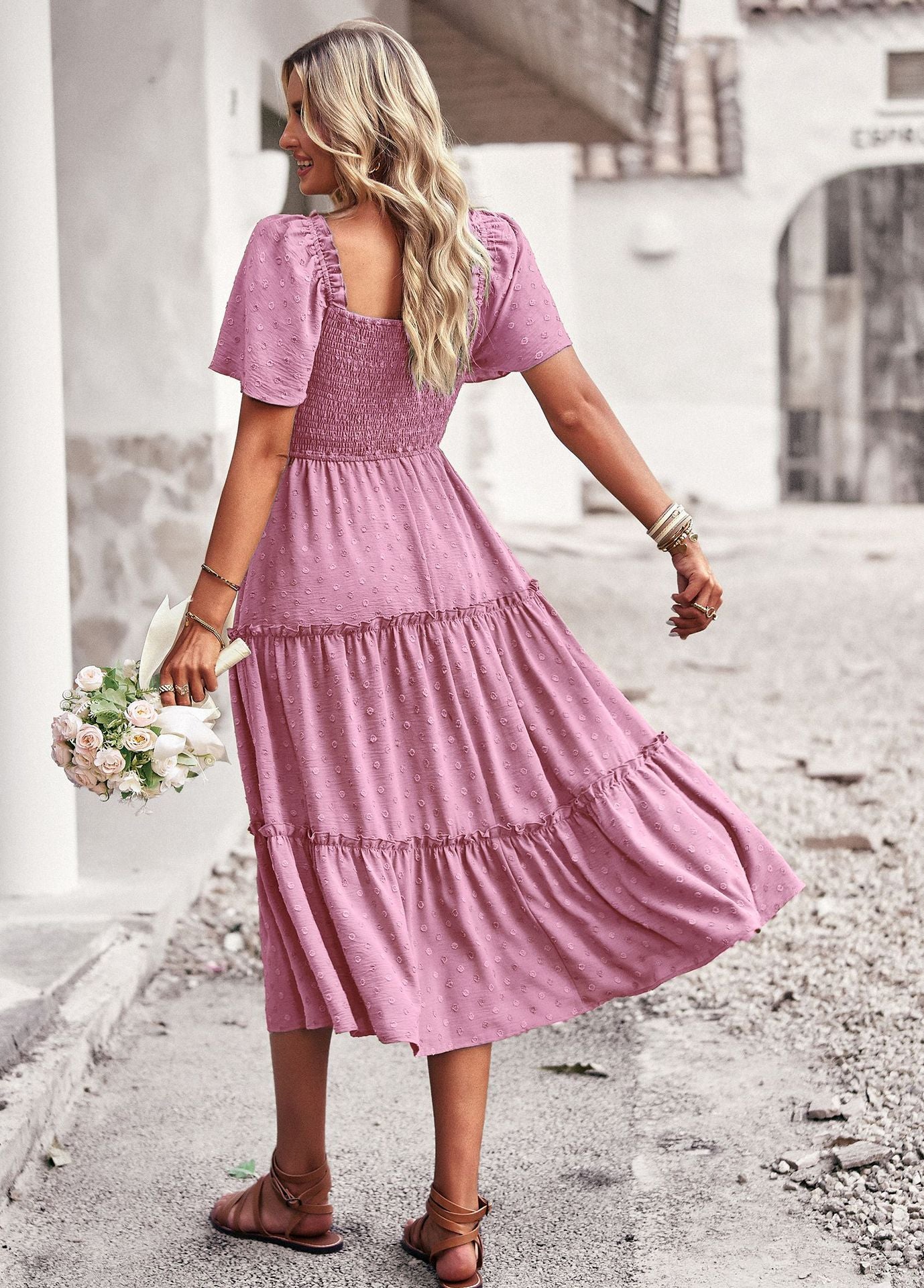 Solid Color Casual Slim Waist Jacquard Smocked Dress Wholesale Dresses LoveyouWholesale