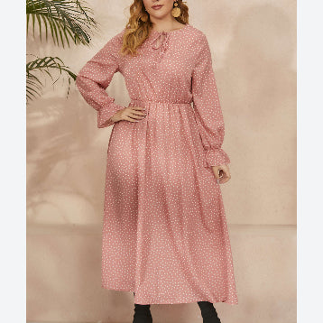 Chiffon Polka Dot Curvy Dress High Waist Long Sleeve Dresses Wholesale Plus Size Clothing