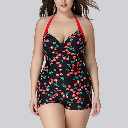 Halterneck Low Cut Boxer Swimsuit Cherry Print Plus Size Swimwear Wholesale Vendors