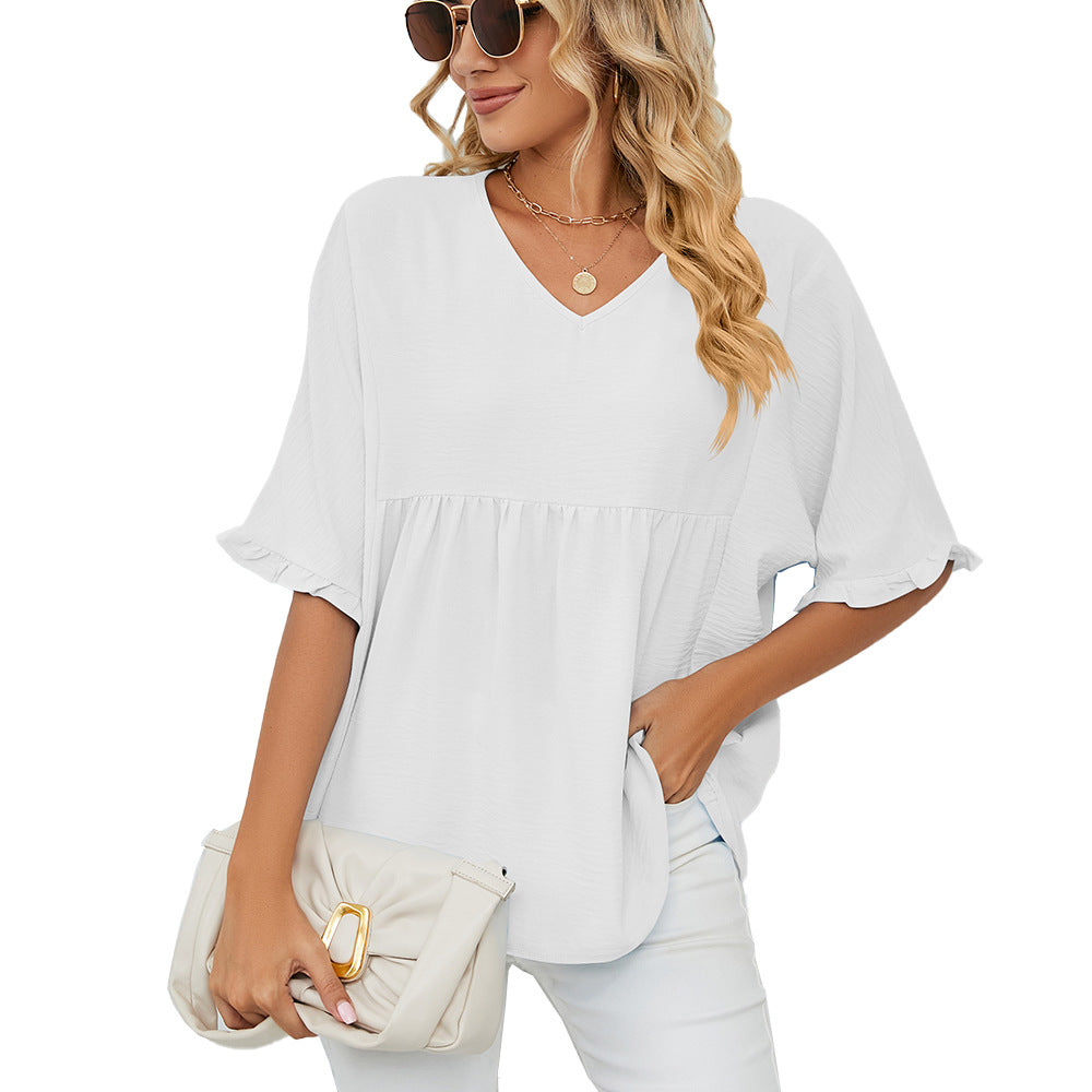 Solid Color V-Neck Loose Gathered Stitching Chiffon T-Shirts Wholesale Womens Tops