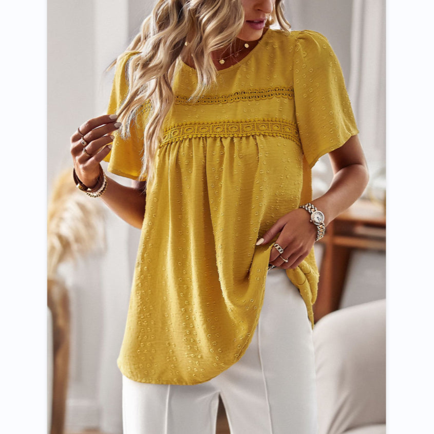 Short Sleeve Crew Neck Solid Color Jacquard Shirt Wholesale Womens Tops