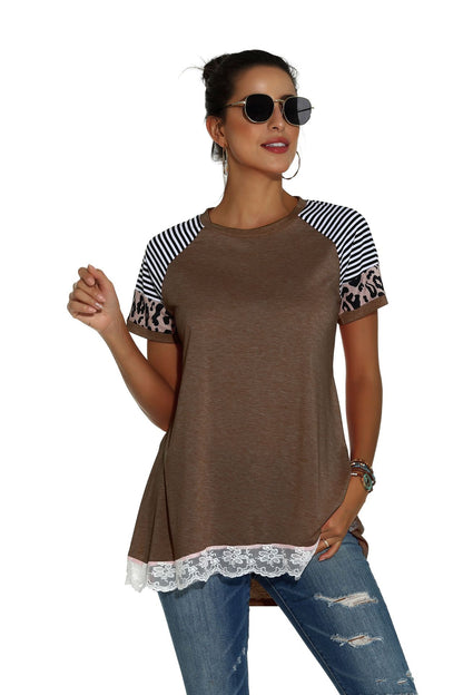 Lace Trim Leopard Print Patchwork Wholesale T-shirt Blouses Casual Tunic Tops