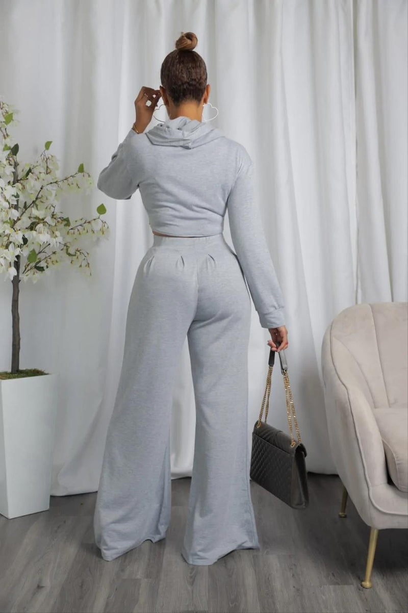 Solid Color Pleated Casual Hooded Long-Sleeved Wide-Leg Sweater Two-Piece Sets Wholesale Women Clothes