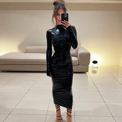 Fashion Solid Color Long Sleeve Slim Fit PU Leather Dress Wholesale Dresses