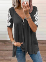 Sexy Low-Cut V-Neck Zipper Lace Short-Sleeved Wholesale T Shirts Casual Womens Tops