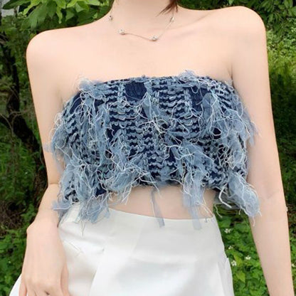 Stylish Niche Denim Stitching Strapless Tube Top Crop Top Wholesale Women Top