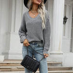 Solid Color V-Neck Long Sleeve Loose Casual Versatile Sweater Wholesale Women'S Top