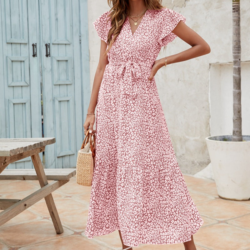 Printed V-Neck Lace-Up Lotus Leaf Sleeve Mid-Length Flowy Dress Casual Wholesale Dresses SD531082