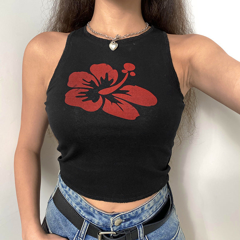 Sexy Print Sleeveless Tops Slim Crew Neck Wholesale Crop Tops