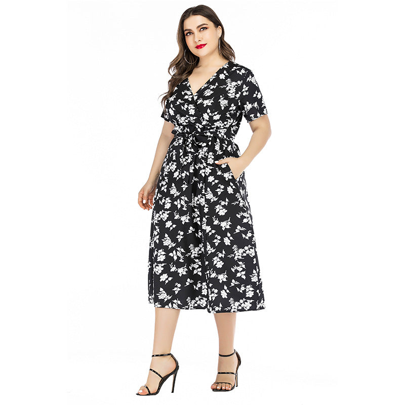 V Neck Casual Short Sleeve Curvy Floral Dresses Wholesale Plus Size Clothing