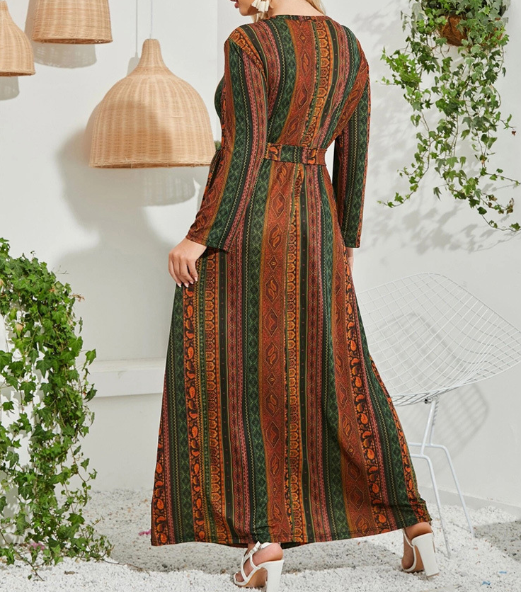 Casual Print Lace-Up Maxi Dress Loose Long Sleeve Plus Size Wholesale Dresses
