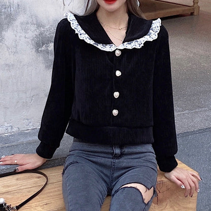 Solid Color Lace Stitching Doll Collar Women'S Shirt Long Sleeve Corduroy Thick Wholesale Blouse