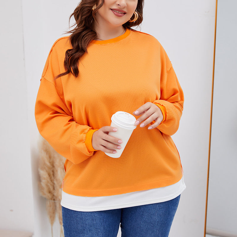 Wholesale Women'S Plus Size Clothing Contrast Stitching Casual Loose Long-Sleeved Sweatshirt