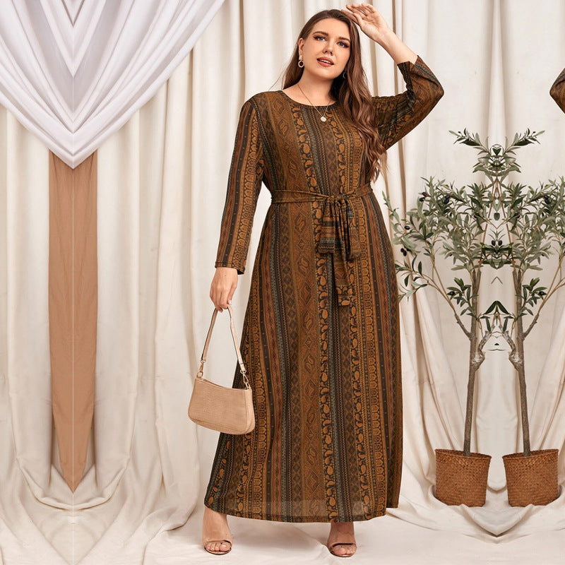 Casual Print Lace-Up Maxi Dress Loose Long Sleeve Plus Size Wholesale Dresses