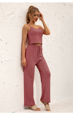 Solid Color Spaghetti Strap Cami Tops Drawstring Pants Wholesale Two Piece Sets