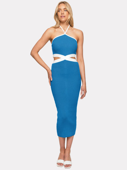 Strap Halter Neck Open Back Sexy Colorblock Bodycon Dress Wholesale Dresses