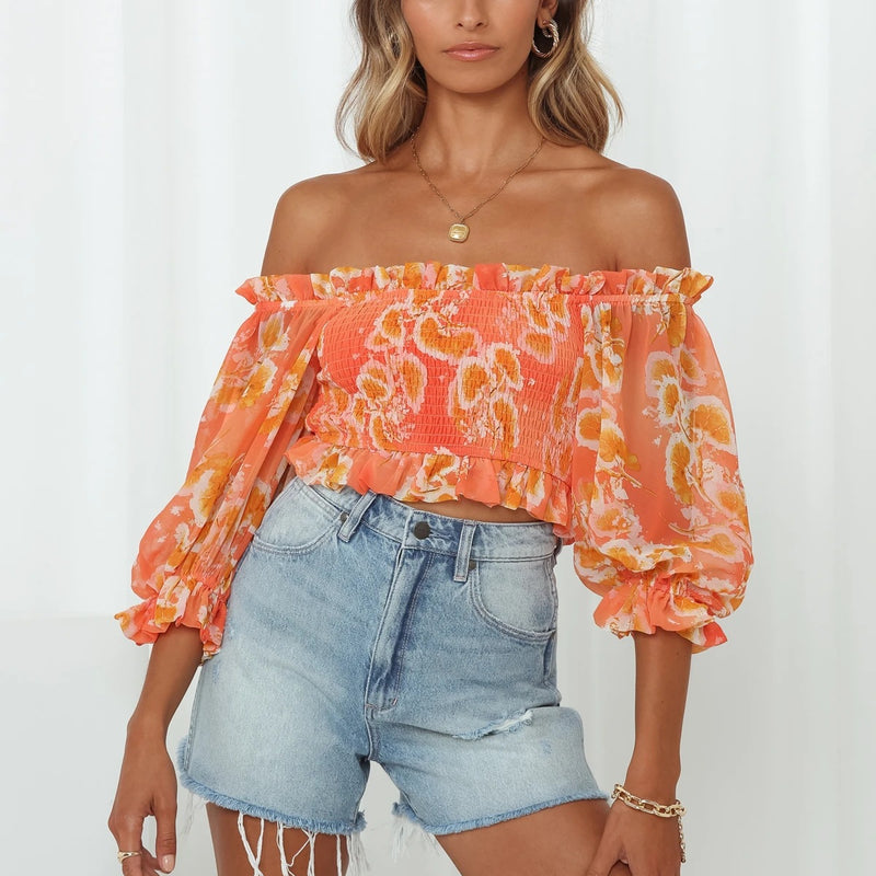 Floral One-Word Collar Puff Sleeves Slim Fit Shirring Clavicle Chiffon Crop Tops Wholesale Women Tops