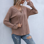 Tie-Up V-Neck Pullover Casual Knitted T-Shirt Wholesale Womens Tops