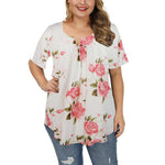 Short Sleeve Floral Print V-Neck Women Curvy Tunics Tops Wholesale Plus Size Clothing