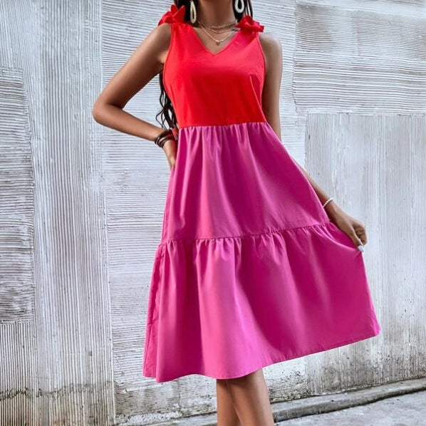 Colorblock Midi Casual Dress Bow Tie Strap Beach Wholesale Dresses Layered Skirts Design