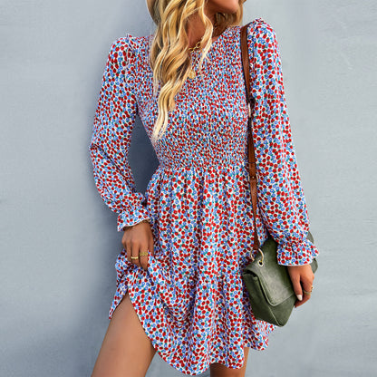 Casual Print Long Sleeve Round Neck A-Line Dress Wholesale Dresses