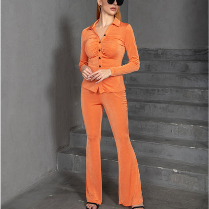 Collar Long-Sleeved Shirt & Bell-Bottom Pants Wholesale Women'S 2 Piece Sets