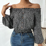 Sexy Off-Shoulder Print Top Single-Breasted Long Sleeve Loose Womens T Shirts Wholesale