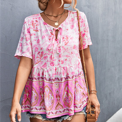 V-Neck Boho Style Print Lace-Up Bohemian Womens Tunic Tops Casual Wholesale T Shirts