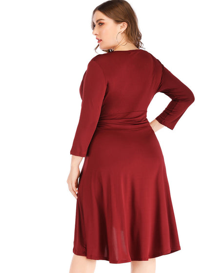 V-Neck Long Sleeve Waist Ruched Curvy Dresses Wholesale Plus Size Clothing