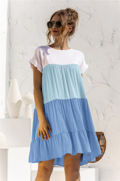 Round Neck Colorblock Ruffles Short Sleeve Loose Smocked Dresses Casual T Shirt Dress Wholesale