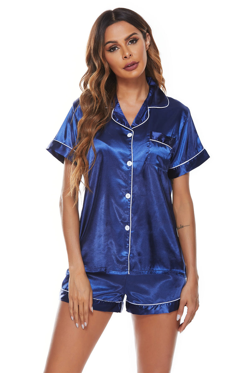 Short Sleeve Lapel Shirts & Shorts Satin Pajamas Plain Homewear Wholesale Loungewear Womens 2 Piece Set