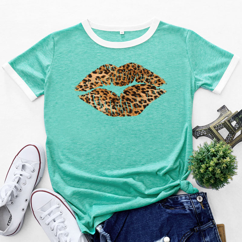 Patchwork Contrast Lip Leopard Print Tops Loose Short Sleeve Crew Neck Womens T Shirts Wholesale