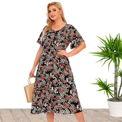 Short Flare Sleeve Casual Printed Midi Curve Dresses Summer Fashion Wholesale Plus Size Clothing